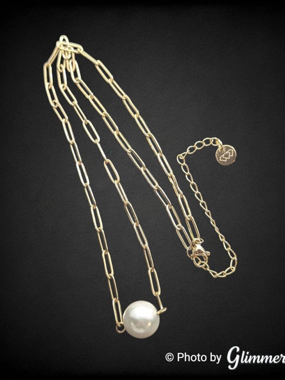 Gold Tone Paperclip Chain Necklace Faux Pearl Minimalist 17”